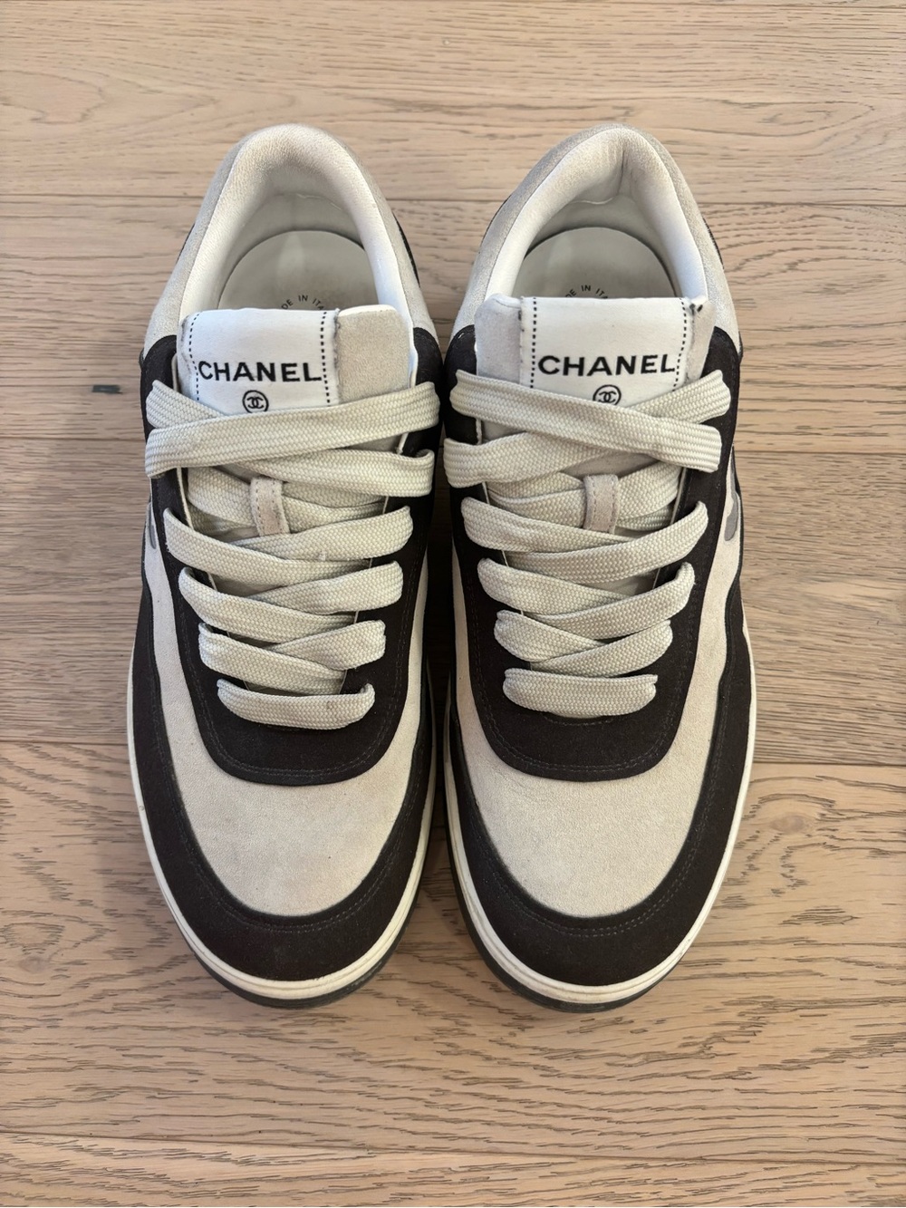 Men's Designer Black and Cream Casual Calfskin Sneakers - Picture 2 of 7